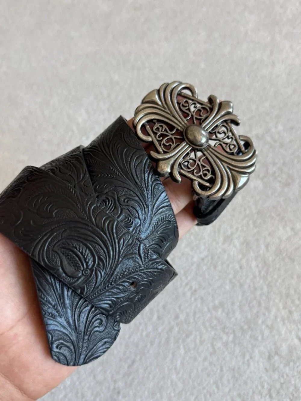 Black Floral Embossed Filigree Belt
